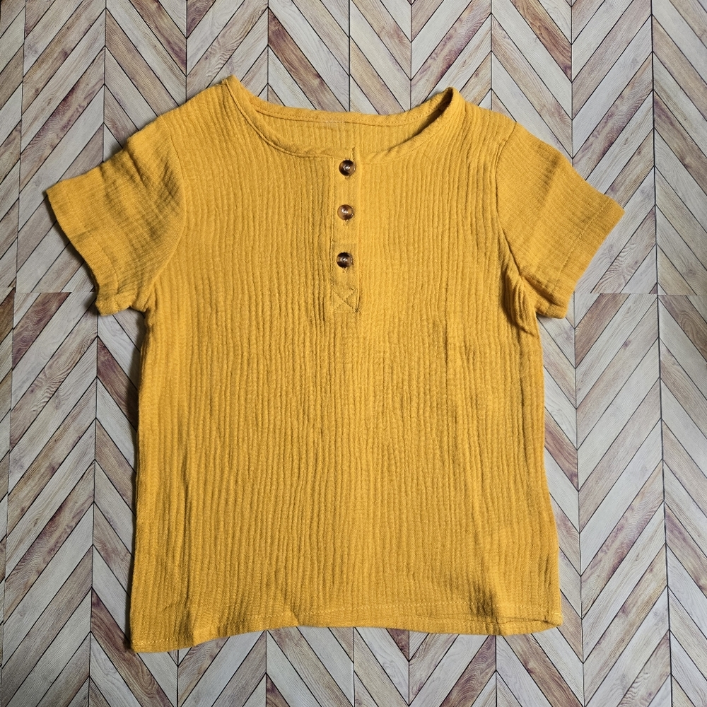 Muslin Henley Shirt Mustard Gauze Short Sleeve Boho Minimalist Top Youth Boy 4-5